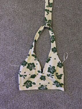 Like New Garage Cream Halter Crop Top with Green Floral Print